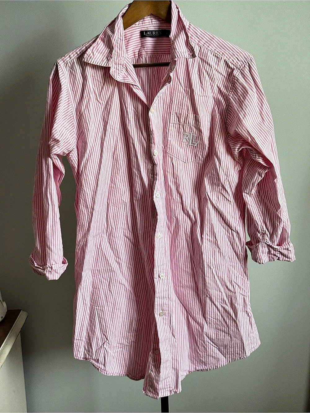 Lauren Ralph Lauren Pink and White Striped Cotton Button-Down sleepshirt/dress